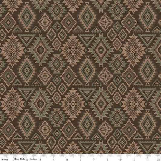 Image of Whispering Pines Geometric Brown quilting cotton fabric by The RBD Designers for Riley Blake Designs. Features a geometric pattern on a brown background. Cute Little Fabric Shop.