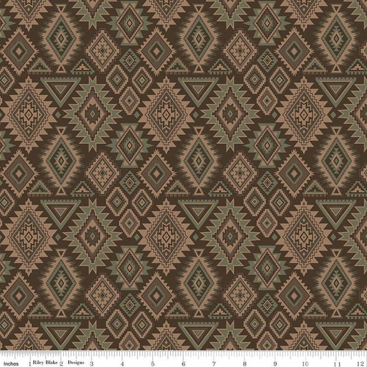 Image of Whispering Pines Geometric Brown quilting cotton fabric by The RBD Designers for Riley Blake Designs. Features a geometric pattern on a brown background. Cute Little Fabric Shop.