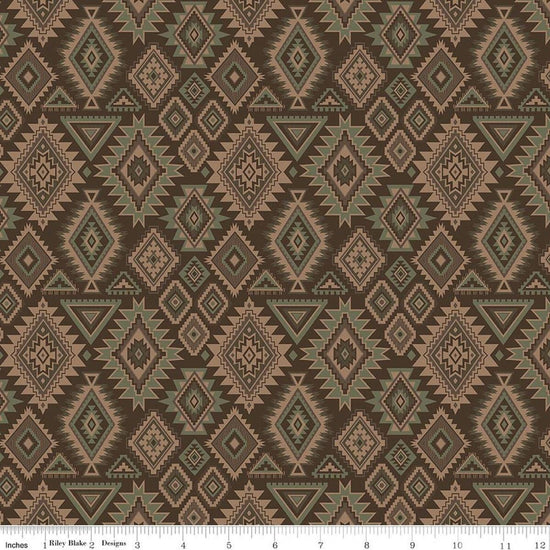 Image of Whispering Pines Geometric Brown quilting cotton fabric by The RBD Designers for Riley Blake Designs. Features a geometric pattern on a brown background. Cute Little Fabric Shop.