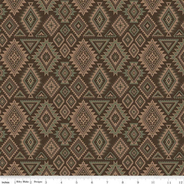 Image of Whispering Pines Geometric Brown quilting cotton fabric by The RBD Designers for Riley Blake Designs. Features a geometric pattern on a brown background. Cute Little Fabric Shop.