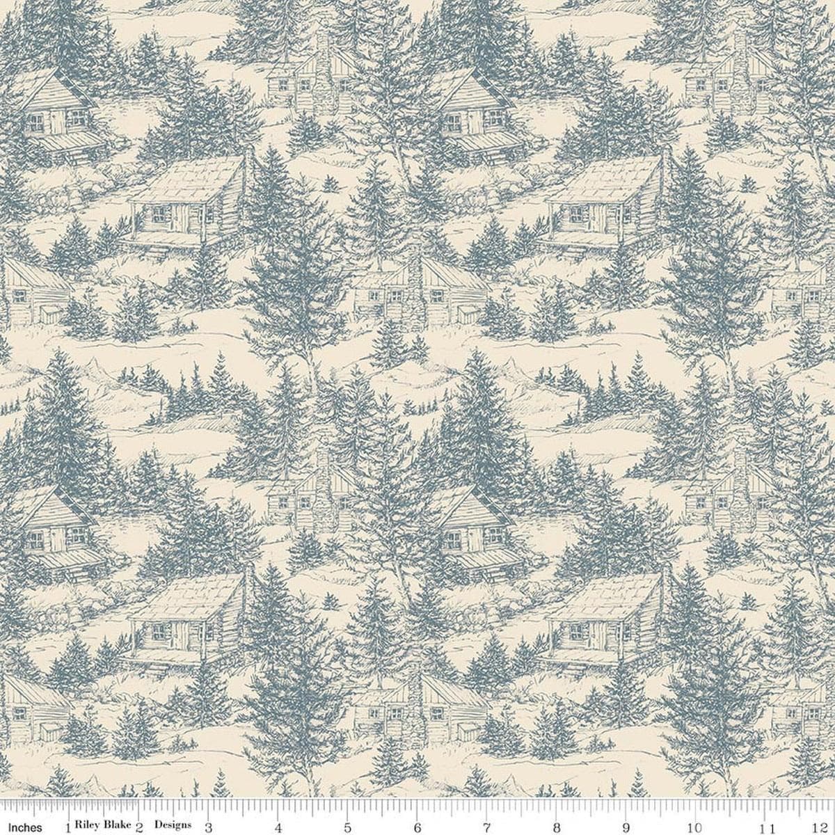 Image of Whispering Pines Cabins Cream quilting cotton fabric by The RBD Designers for Riley Blake Designs. Features cabins in trees on a cream background. Cute Little Fabric Shop.