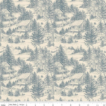 Image of Whispering Pines Cabins Cream quilting cotton fabric by The RBD Designers for Riley Blake Designs. Features cabins in trees on a cream background. Cute Little Fabric Shop.