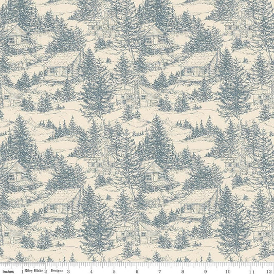 Image of Whispering Pines Cabins Cream quilting cotton fabric by The RBD Designers for Riley Blake Designs. Features cabins in trees on a cream background. Cute Little Fabric Shop.