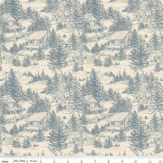 Image of Whispering Pines Cabins Cream quilting cotton fabric by The RBD Designers for Riley Blake Designs. Features cabins in trees on a cream background. Cute Little Fabric Shop.
