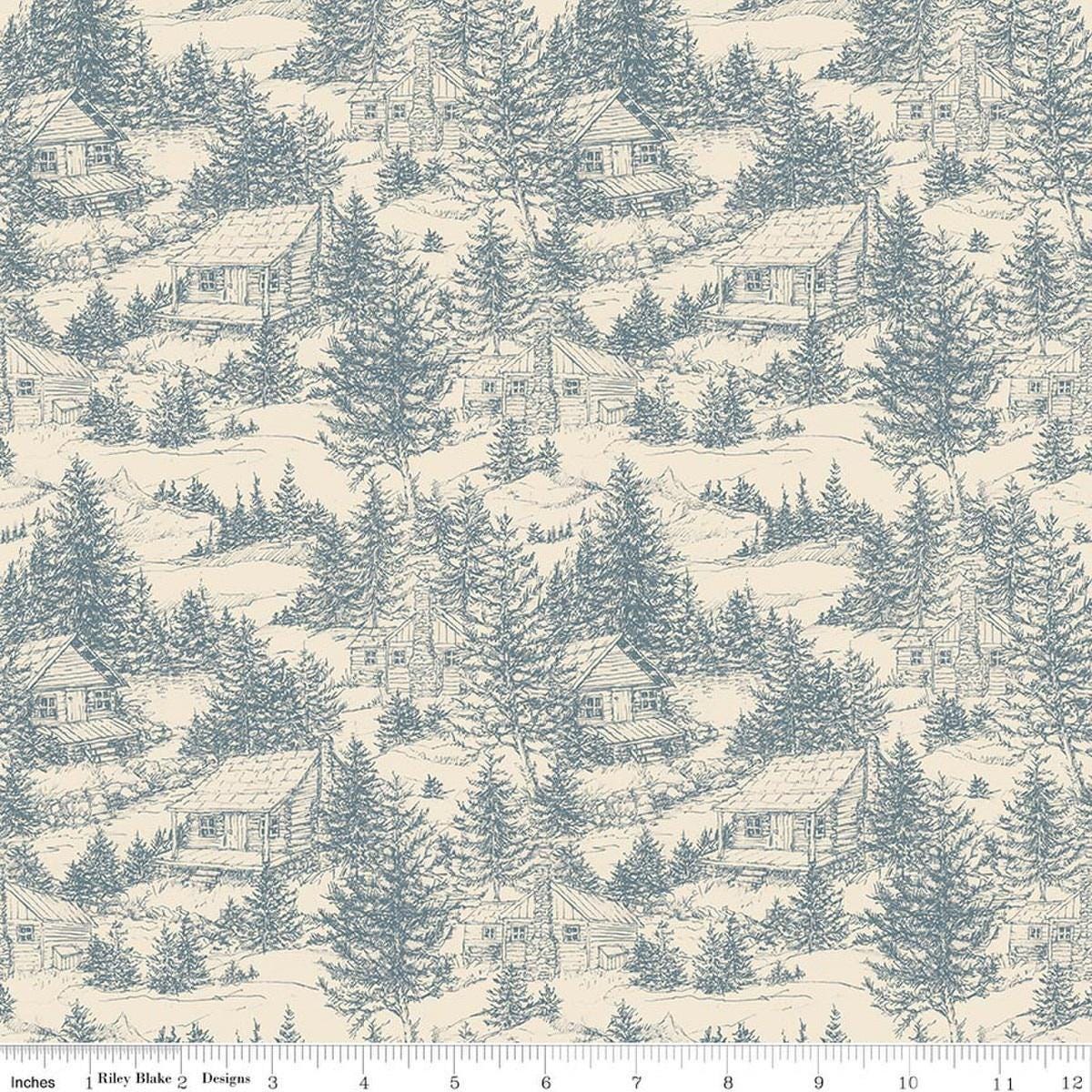 Image of Whispering Pines Cabins Cream quilting cotton fabric by The RBD Designers for Riley Blake Designs. Features cabins in trees on a cream background. Cute Little Fabric Shop.