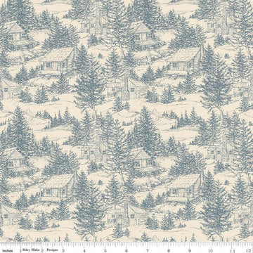 Image of Whispering Pines Cabins Cream quilting cotton fabric by The RBD Designers for Riley Blake Designs. Features cabins in trees on a cream background. Cute Little Fabric Shop.