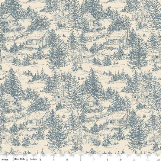 Image of Whispering Pines Cabins Cream quilting cotton fabric by The RBD Designers for Riley Blake Designs. Features cabins in trees on a cream background. Cute Little Fabric Shop.