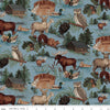 Image of Whispering Pines Main Blue quilting cotton fabric by The RBD Designers for Riley Blake Designs. Features animals on a blue background. Cute Little Fabric Shop.