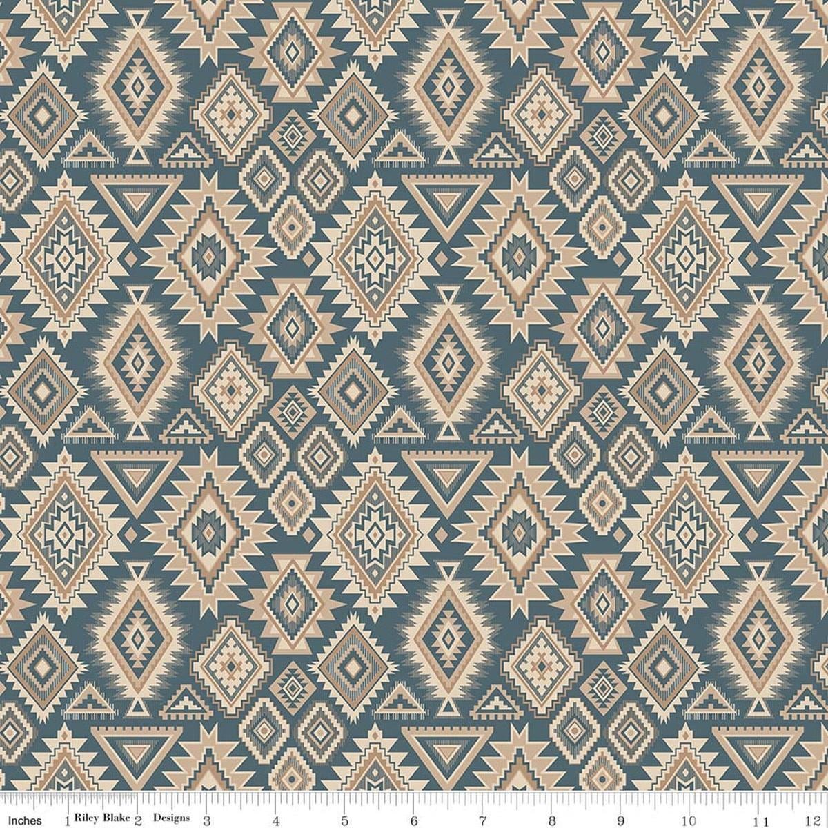Image of Whispering Pines Geometric Blue quilting cotton fabric by The RBD Designers for Riley Blake Designs. Features a geometric pattern on a blue background. Cute Little Fabric Shop.