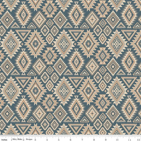 Image of Whispering Pines Geometric Blue quilting cotton fabric by The RBD Designers for Riley Blake Designs. Features a geometric pattern on a blue background. Cute Little Fabric Shop.