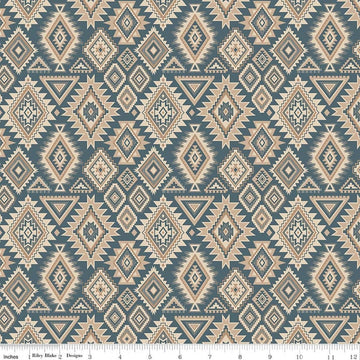 Image of Whispering Pines Geometric Blue quilting cotton fabric by The RBD Designers for Riley Blake Designs. Features a geometric pattern on a blue background. Cute Little Fabric Shop.