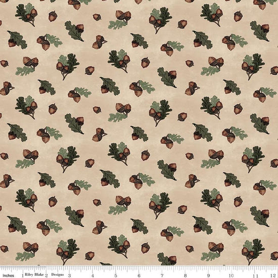 Image of Whispering Pines Acorns Tan quilting cotton fabric by The RBD Designers for Riley Blake Designs. Features acorns and leaves on a cream background. Cute Little Fabric Shop.