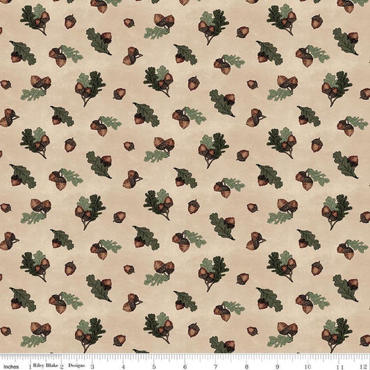 Image of Whispering Pines Acorns Tan quilting cotton fabric by The RBD Designers for Riley Blake Designs. Features acorns and leaves on a cream background. Cute Little Fabric Shop.