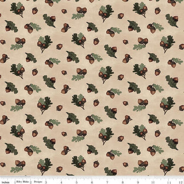 Image of Whispering Pines Acorns Tan quilting cotton fabric by The RBD Designers for Riley Blake Designs. Features acorns and leaves on a cream background. Cute Little Fabric Shop.