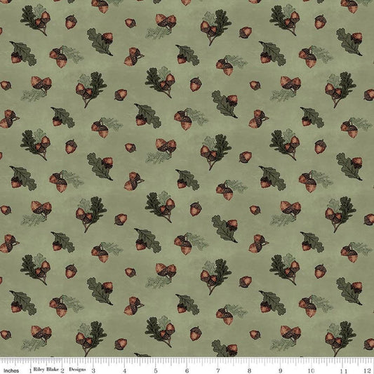 Image of Whispering Pines Acorns Green quilting cotton fabric by The RBD Designers for Riley Blake Designs. Features acorns and leaves on a green background. Cute Little Fabric Shop.