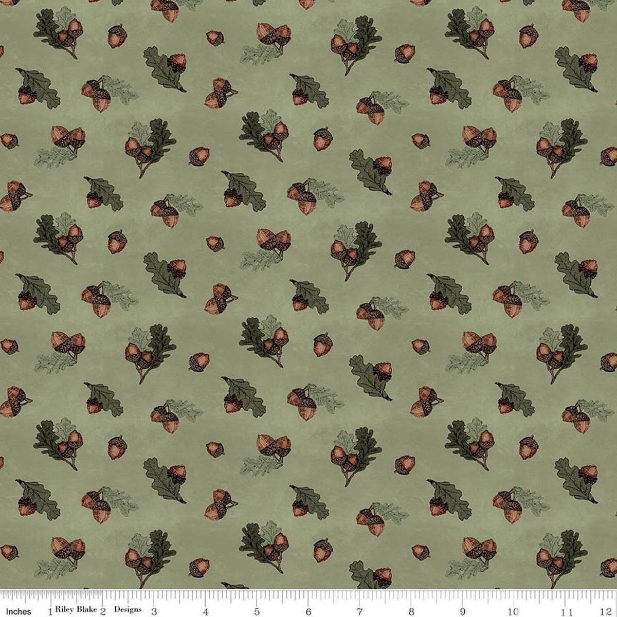 Image of Whispering Pines Acorns Green quilting cotton fabric by The RBD Designers for Riley Blake Designs. Features acorns and leaves on a green background. Cute Little Fabric Shop.