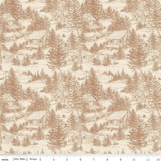 Image of Whispering Pines Cabins Brown quilting cotton fabric by The RBD Designers for Riley Blake Designs. Features cabins in a forest on a cream background. Cute Little Fabric Shop.