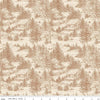 Image of Whispering Pines Cabins Brown quilting cotton fabric by The RBD Designers for Riley Blake Designs. Features cabins in a forest on a cream background. Cute Little Fabric Shop.