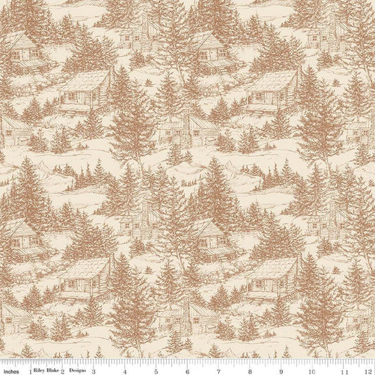 Image of Whispering Pines Cabins Brown quilting cotton fabric by The RBD Designers for Riley Blake Designs. Features cabins in a forest on a cream background. Cute Little Fabric Shop.