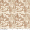 Image of Whispering Pines Cabins Brown quilting cotton fabric by The RBD Designers for Riley Blake Designs. Features cabins in a forest on a cream background. Cute Little Fabric Shop.