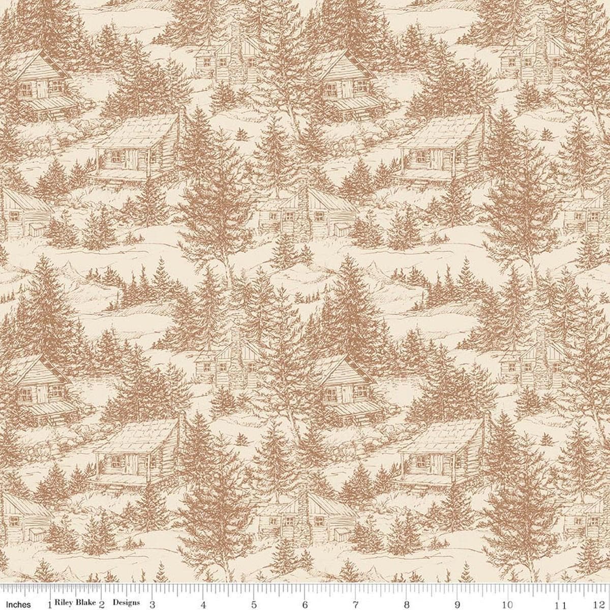 Image of Whispering Pines Cabins Brown quilting cotton fabric by The RBD Designers for Riley Blake Designs. Features cabins in a forest on a cream background. Cute Little Fabric Shop.