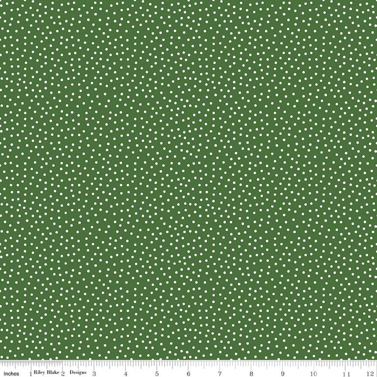Image of Little Ladybug Dots Green quilting cotton fabric by Lori Whitlock for Riley Black Designs. Features polka dots on a green background. Cute Little Fabric Shop.