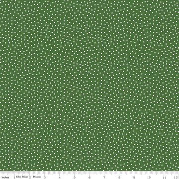 Image of Little Ladybug Dots Green quilting cotton fabric by Lori Whitlock for Riley Black Designs. Features polka dots on a green background. Cute Little Fabric Shop.