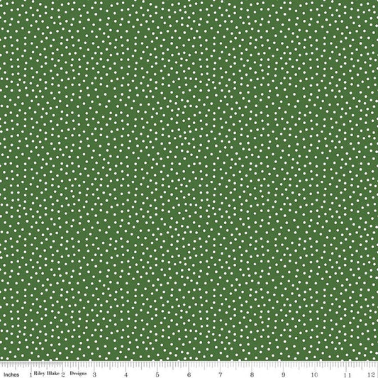 Image of Little Ladybug Dots Green quilting cotton fabric by Lori Whitlock for Riley Black Designs. Features polka dots on a green background. Cute Little Fabric Shop.