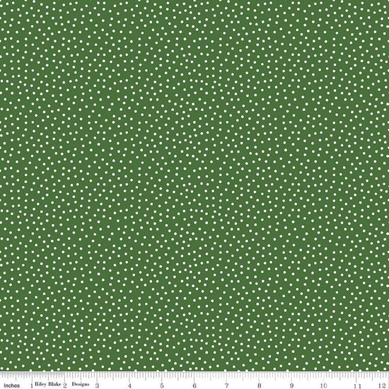 Image of Little Ladybug Dots Green quilting cotton fabric by Lori Whitlock for Riley Black Designs. Features polka dots on a green background. Cute Little Fabric Shop.