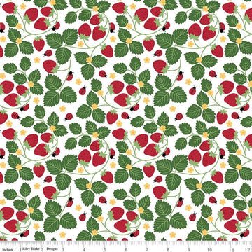 Image of Little Ladybug Strawberries White quilting cotton fabric by Lori Whitlock for Riley Black Designs. Features strawberries and leaves on a white background. Cute Little Fabric Shop.