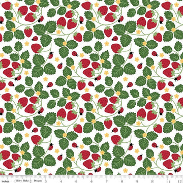 Image of Little Ladybug Strawberries White quilting cotton fabric by Lori Whitlock for Riley Black Designs. Features strawberries and leaves on a white background. Cute Little Fabric Shop.