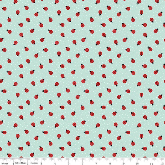 Image of Little Ladybug Ladybugs Blue quilting cotton fabric by Lori Whitlock for Riley Black Designs. Features ladybugs on a blue background. Cute Little Fabric Shop.