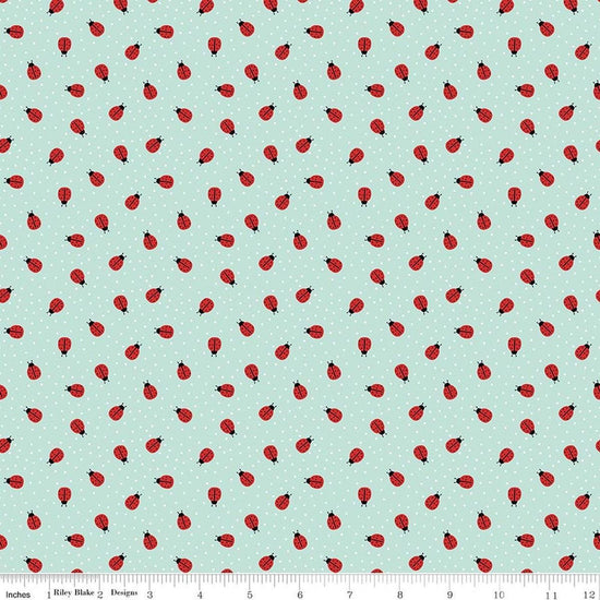 Image of Little Ladybug Ladybugs Blue quilting cotton fabric by Lori Whitlock for Riley Black Designs. Features ladybugs on a blue background. Cute Little Fabric Shop.