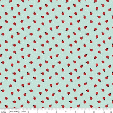 Image of Little Ladybug Ladybugs Blue quilting cotton fabric by Lori Whitlock for Riley Black Designs. Features ladybugs on a blue background. Cute Little Fabric Shop.