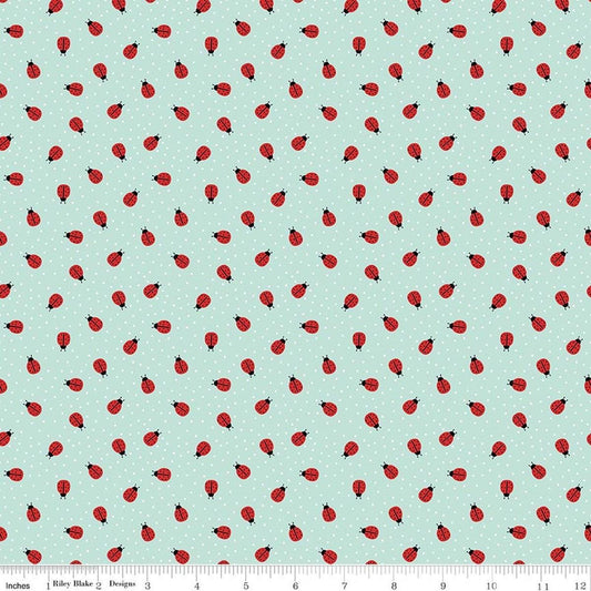 Image of Little Ladybug Ladybugs Blue quilting cotton fabric by Lori Whitlock for Riley Black Designs. Features ladybugs on a blue background. Cute Little Fabric Shop.