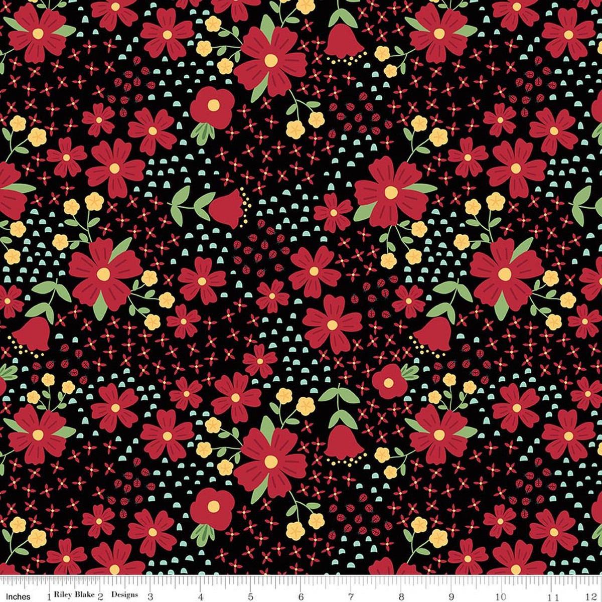 Image of Little Ladybug Main Black quilting cotton fabric by Lori Whitlock for Riley Black Designs. Features flowers on a black background. Cute Little Fabric Shop.