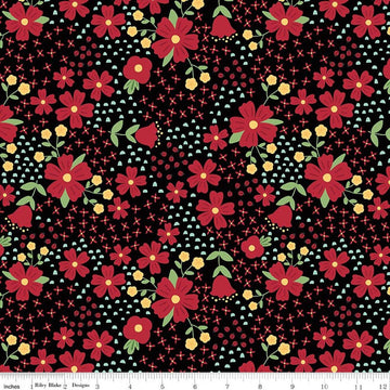Image of Little Ladybug Main Black quilting cotton fabric by Lori Whitlock for Riley Black Designs. Features flowers on a black background. Cute Little Fabric Shop.