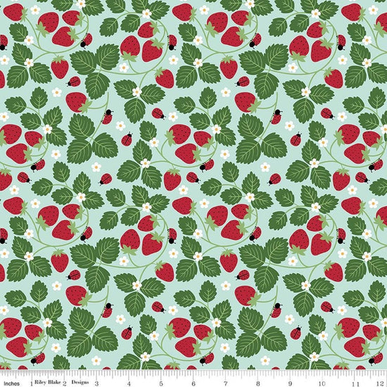Image of Little Ladybug Strawberries Blue quilting cotton fabric by Lori Whitlock for Riley Black Designs. Features strawberries and leaves on a blue background. Cute Little Fabric Shop.