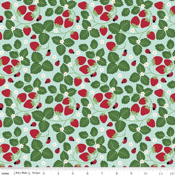 Image of Little Ladybug Strawberries Blue quilting cotton fabric by Lori Whitlock for Riley Black Designs. Features strawberries and leaves on a blue background. Cute Little Fabric Shop.