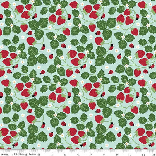 Image of Little Ladybug Strawberries Blue quilting cotton fabric by Lori Whitlock for Riley Black Designs. Features strawberries and leaves on a blue background. Cute Little Fabric Shop.