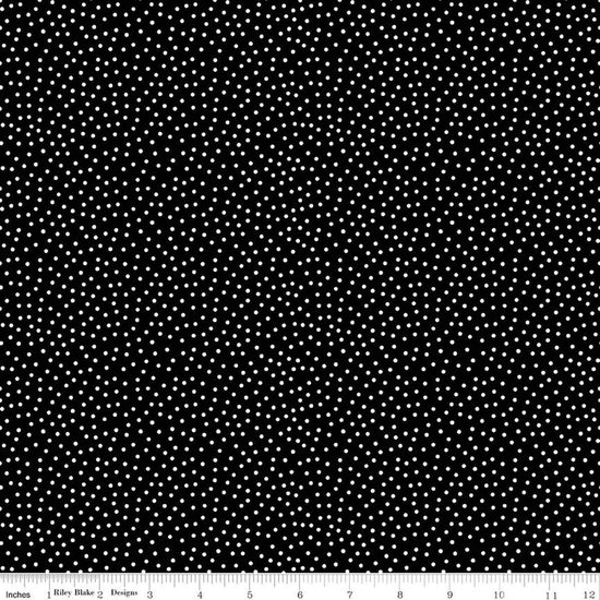 Image of Little Ladybug Dots Black quilting cotton fabric by Lori Whitlock for Riley Black Designs. Features polka dots on a black background. Cute Little Fabric Shop.