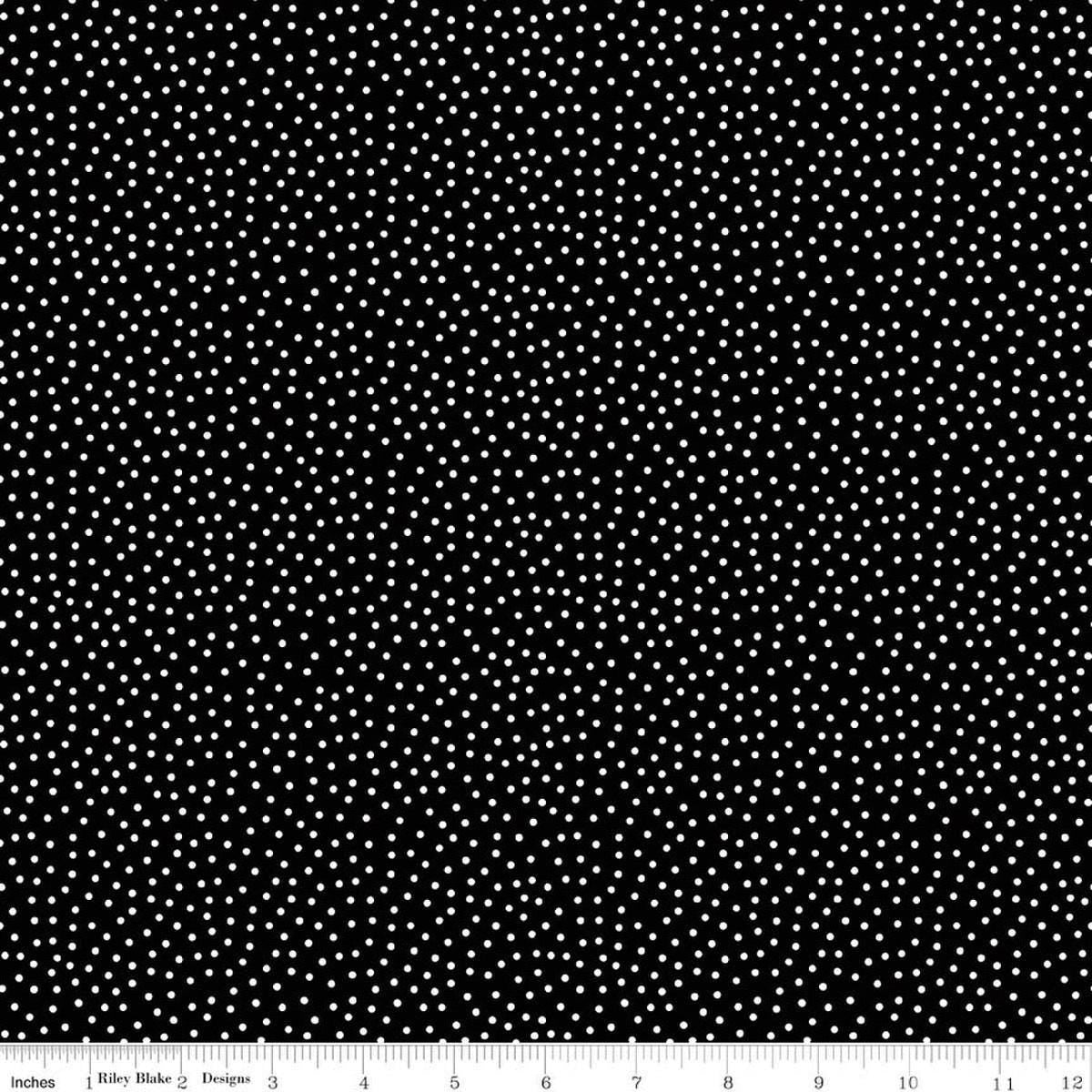 Image of Little Ladybug Dots Black quilting cotton fabric by Lori Whitlock for Riley Black Designs. Features polka dots on a black background. Cute Little Fabric Shop.