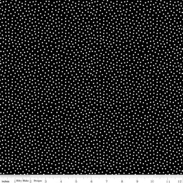 Image of Little Ladybug Dots Black quilting cotton fabric by Lori Whitlock for Riley Black Designs. Features polka dots on a black background. Cute Little Fabric Shop.