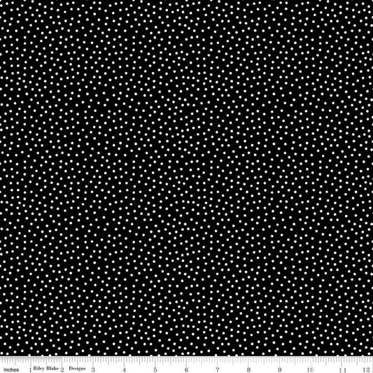 Image of Little Ladybug Dots Black quilting cotton fabric by Lori Whitlock for Riley Black Designs. Features polka dots on a black background. Cute Little Fabric Shop.