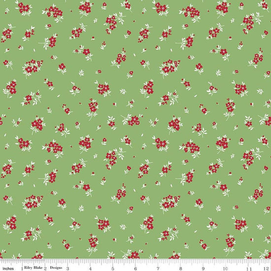 Image of Little Ladybug Mini Flowers Green quilting cotton fabric by Lori Whitlock for Riley Black Designs. Features flowers on a green background. Cute Little Fabric Shop.