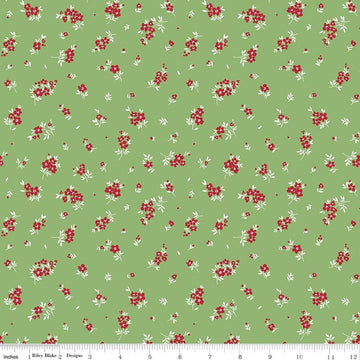 Image of Little Ladybug Mini Flowers Green quilting cotton fabric by Lori Whitlock for Riley Black Designs. Features flowers on a green background. Cute Little Fabric Shop.