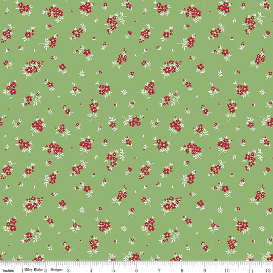 Image of Little Ladybug Mini Flowers Green quilting cotton fabric by Lori Whitlock for Riley Black Designs. Features flowers on a green background. Cute Little Fabric Shop.