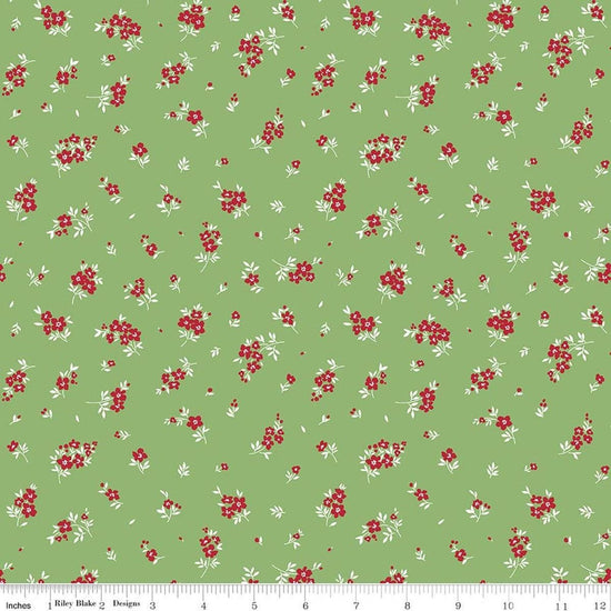 Image of Little Ladybug Mini Flowers Green quilting cotton fabric by Lori Whitlock for Riley Black Designs. Features flowers on a green background. Cute Little Fabric Shop.
