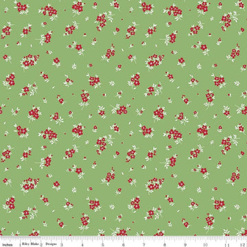 Image of Little Ladybug Mini Flowers Green quilting cotton fabric by Lori Whitlock for Riley Black Designs. Features flowers on a green background. Cute Little Fabric Shop.