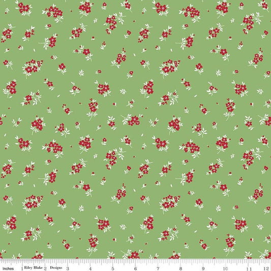 Image of Little Ladybug Mini Flowers Green quilting cotton fabric by Lori Whitlock for Riley Black Designs. Features flowers on a green background. Cute Little Fabric Shop.